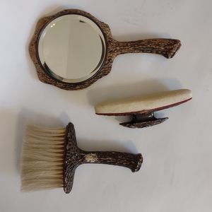 Antique Faux Antler Vanity Set with Sterling Cartouches
